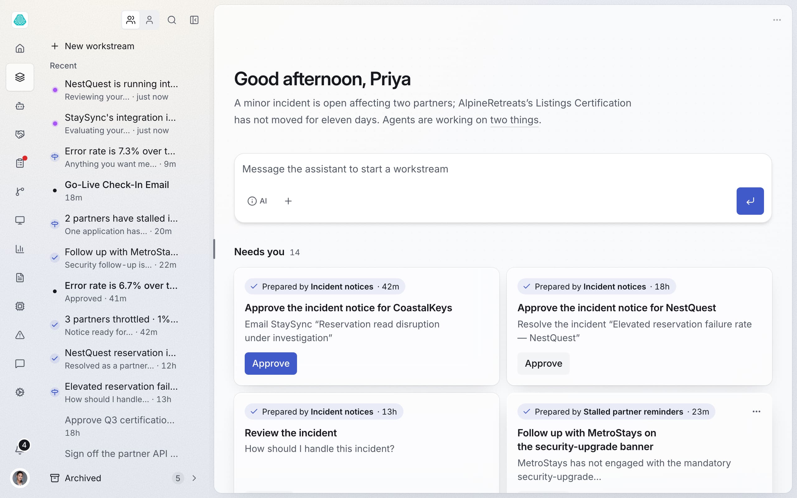 The Partner API workspace for Staybase, a short-term rental platform. Agents have prepared decisions for the program lead: approve the incident notice for CoastalKeys, which emails StaySync that reservation reads are under investigation, and approve the incident notice for NestQuest, which resolves the elevated reservation failure rate incident.